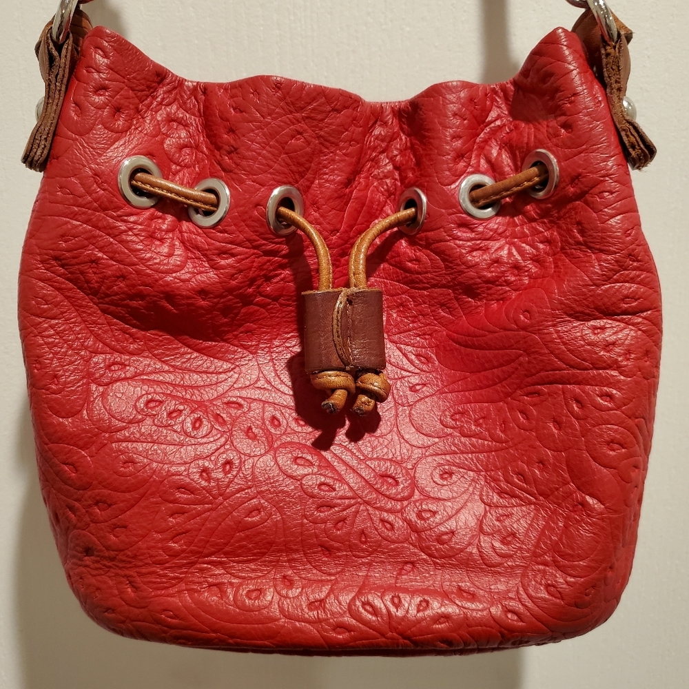 Red Embossed Leather Satchel Bag